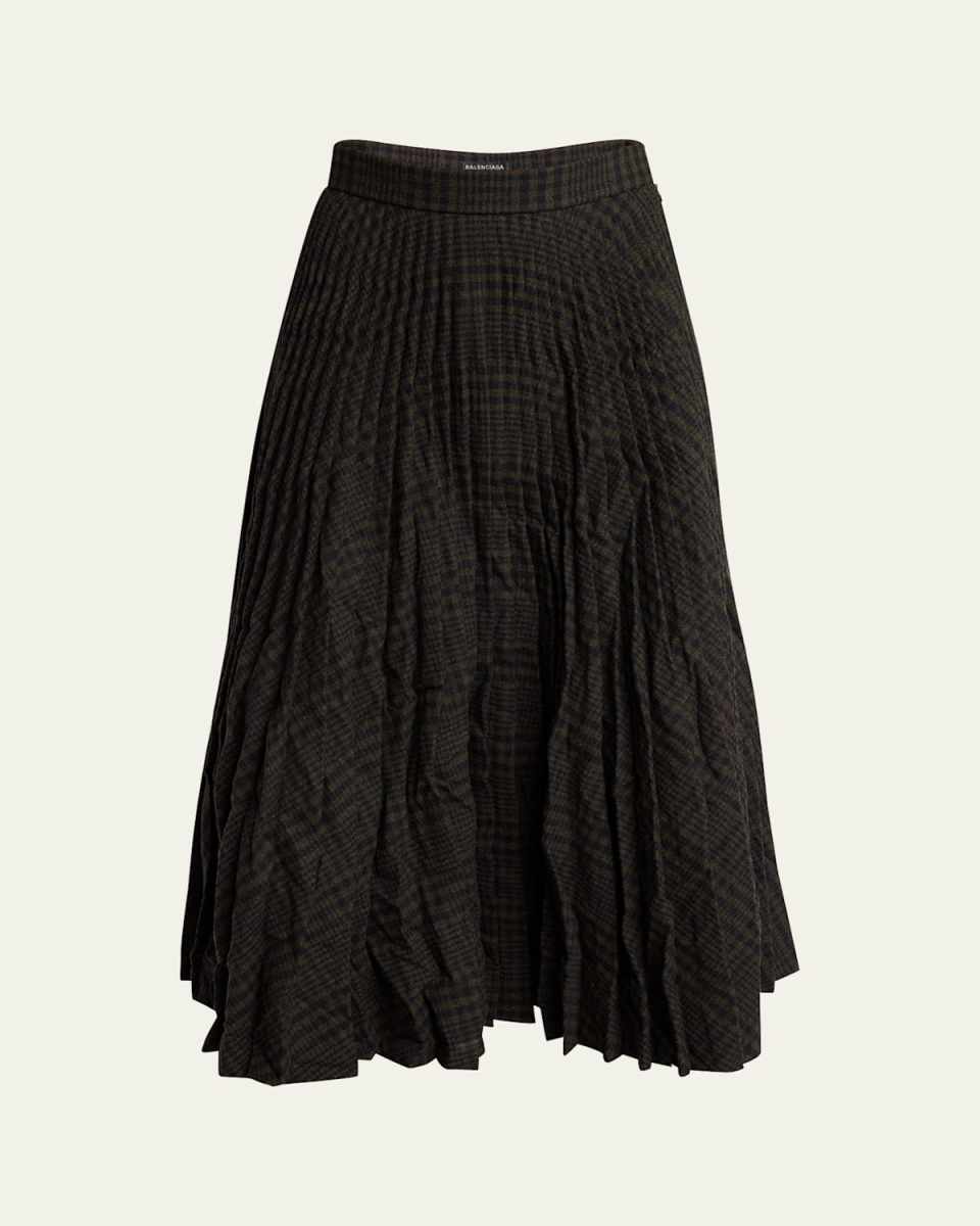 Pleated Vintage Check Wool Midi Skirt
